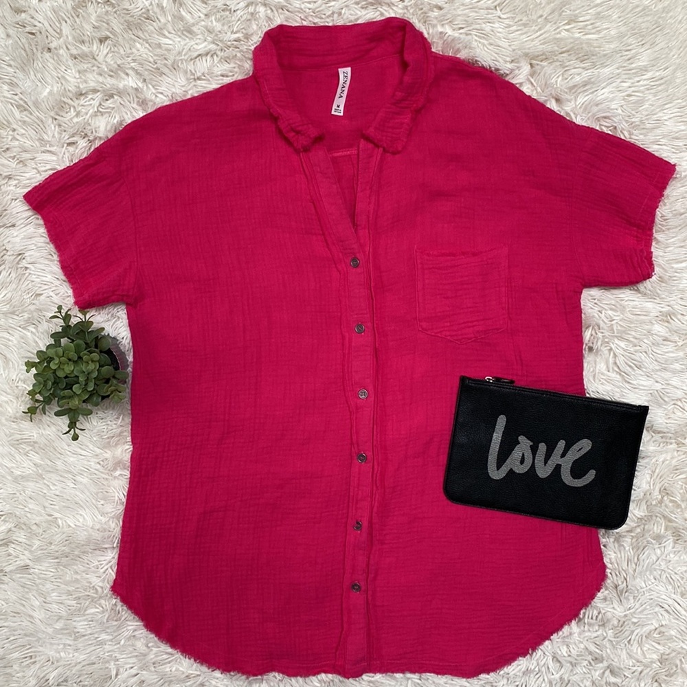 Zenana Button Down Gauze Top 💗 Pink - Picture 2 of 14